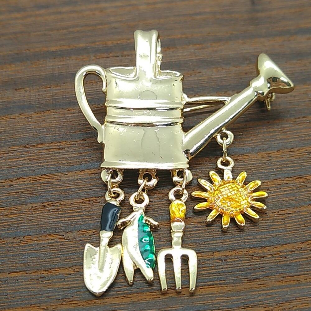 Gold Watering Can Garden Charm Brooch